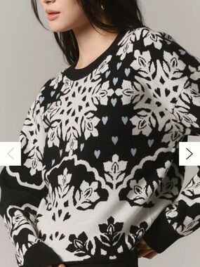 Maeve Black & White Floral Jacquard Crewneck Sweater with Blue Heart Accents